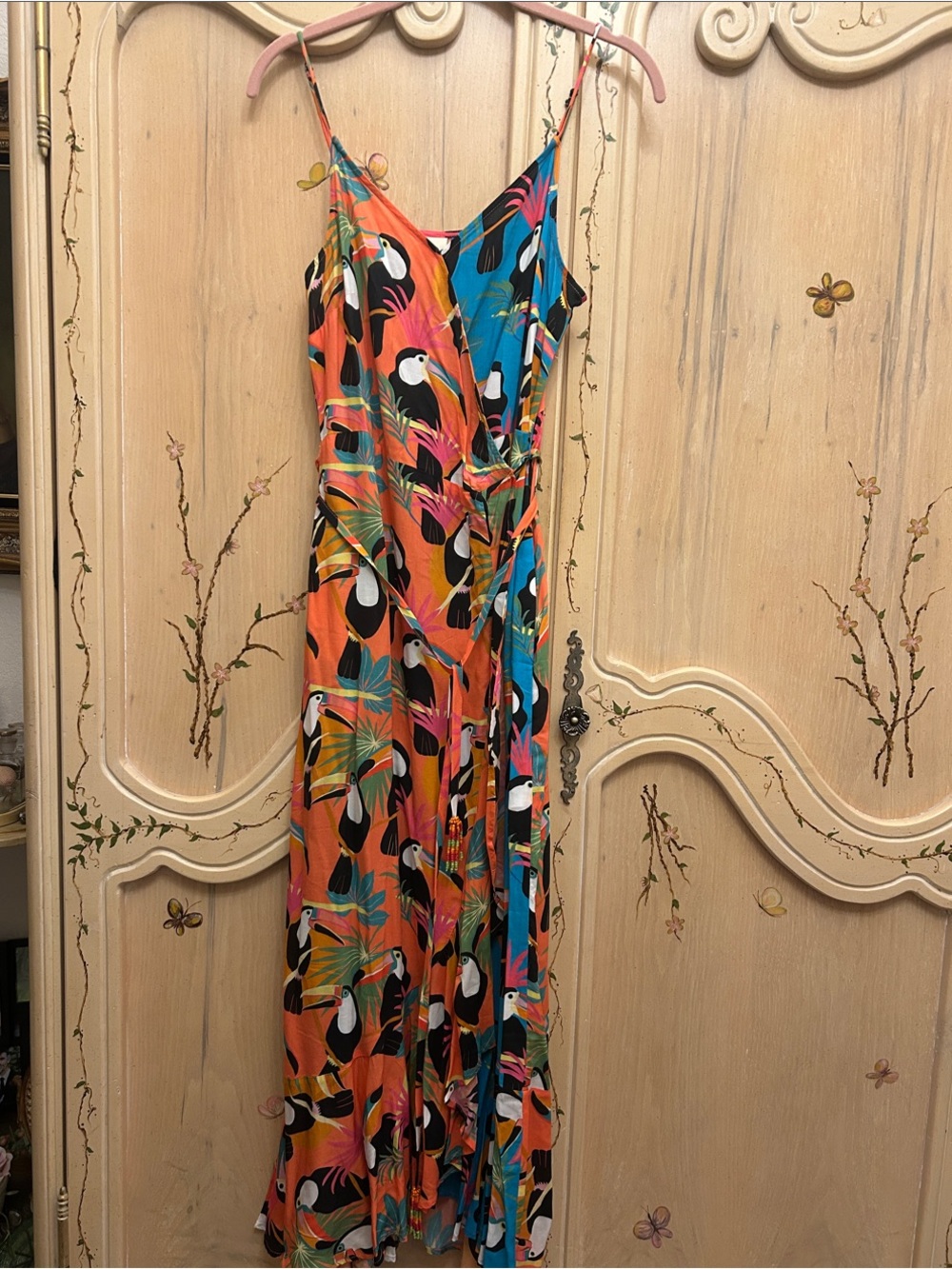 Anthropologie Tropical Toucan Wrap Dress in Orange, Blue & Black